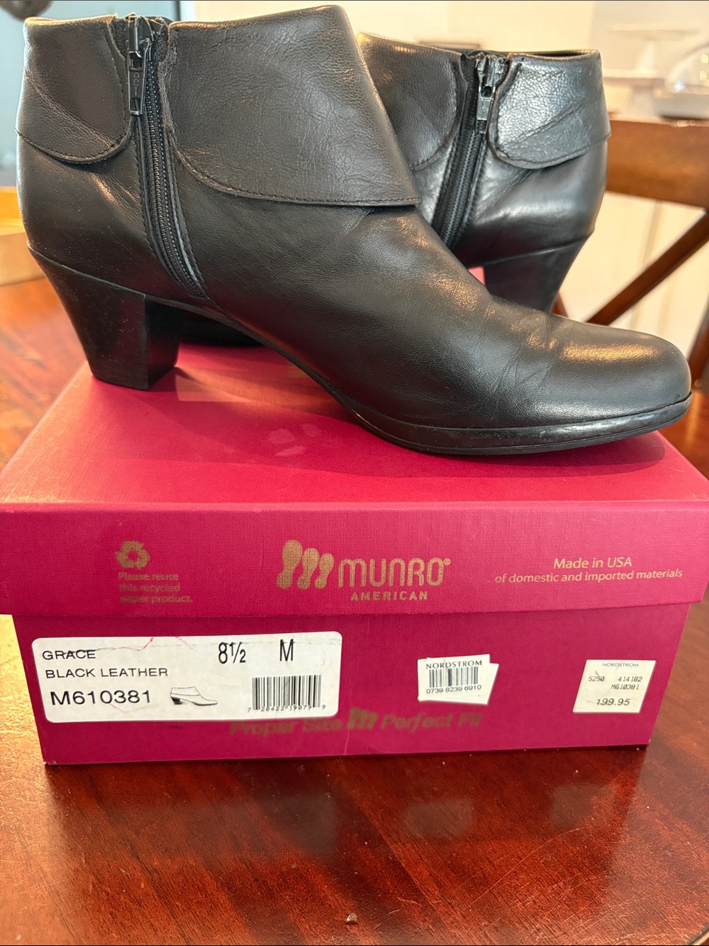 Munro Black Leather Fold-Over Ankle Booties